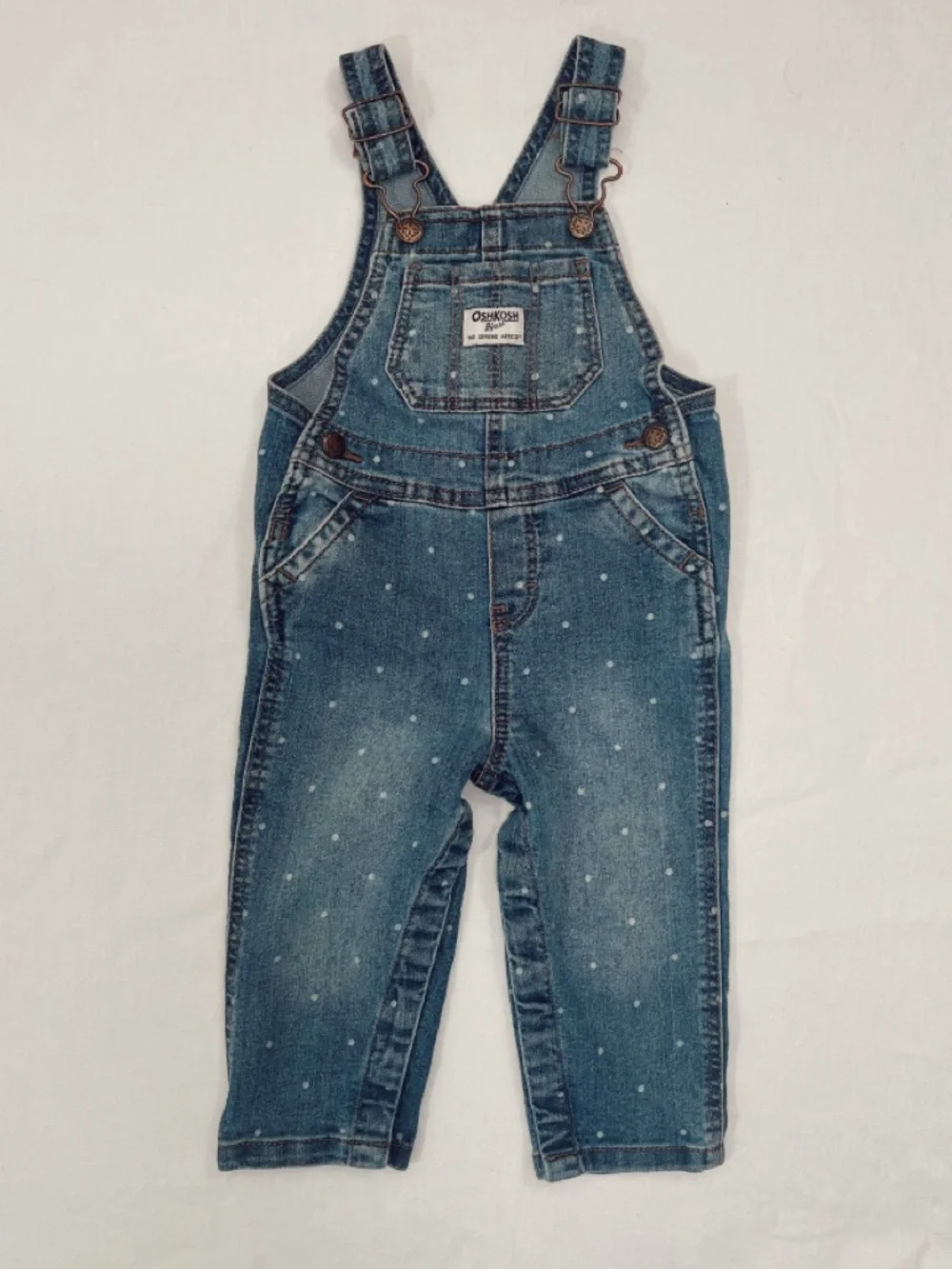 OshKosh B'gosh Denim Overalls in Blue with‎ White Dot Print